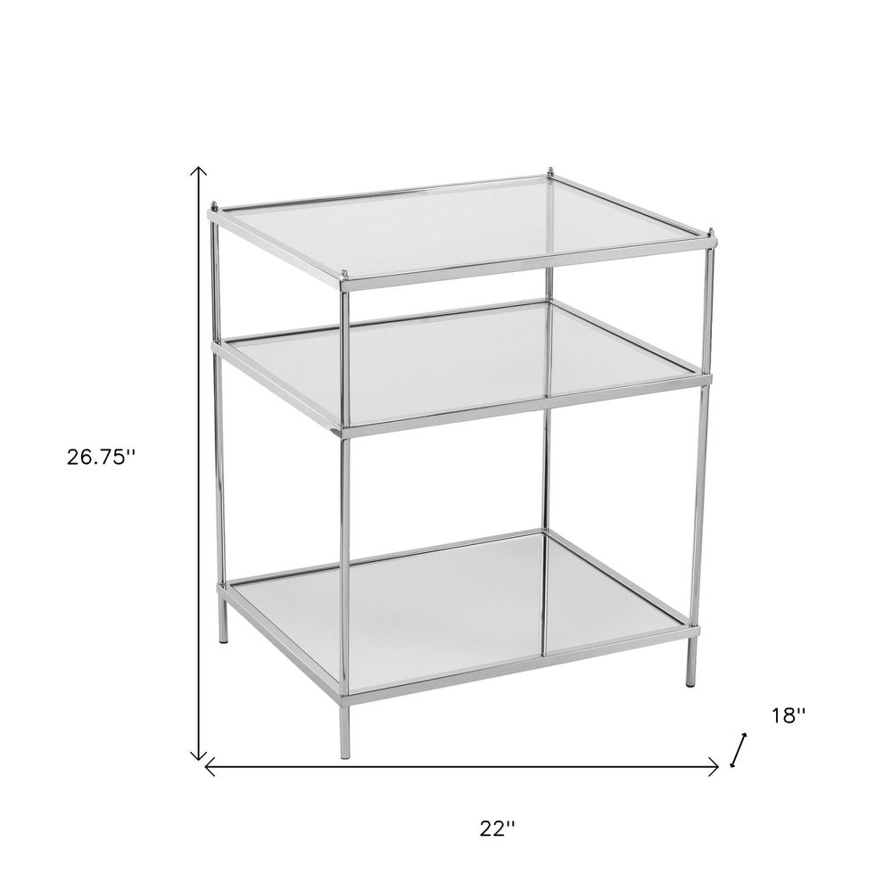 27" Silver Mirrored Glass And Iron End Table With Shelf