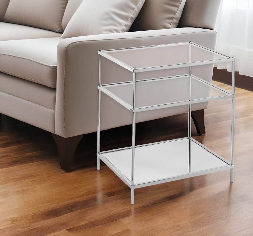 27" Silver Mirrored Glass And Iron End Table With Shelf