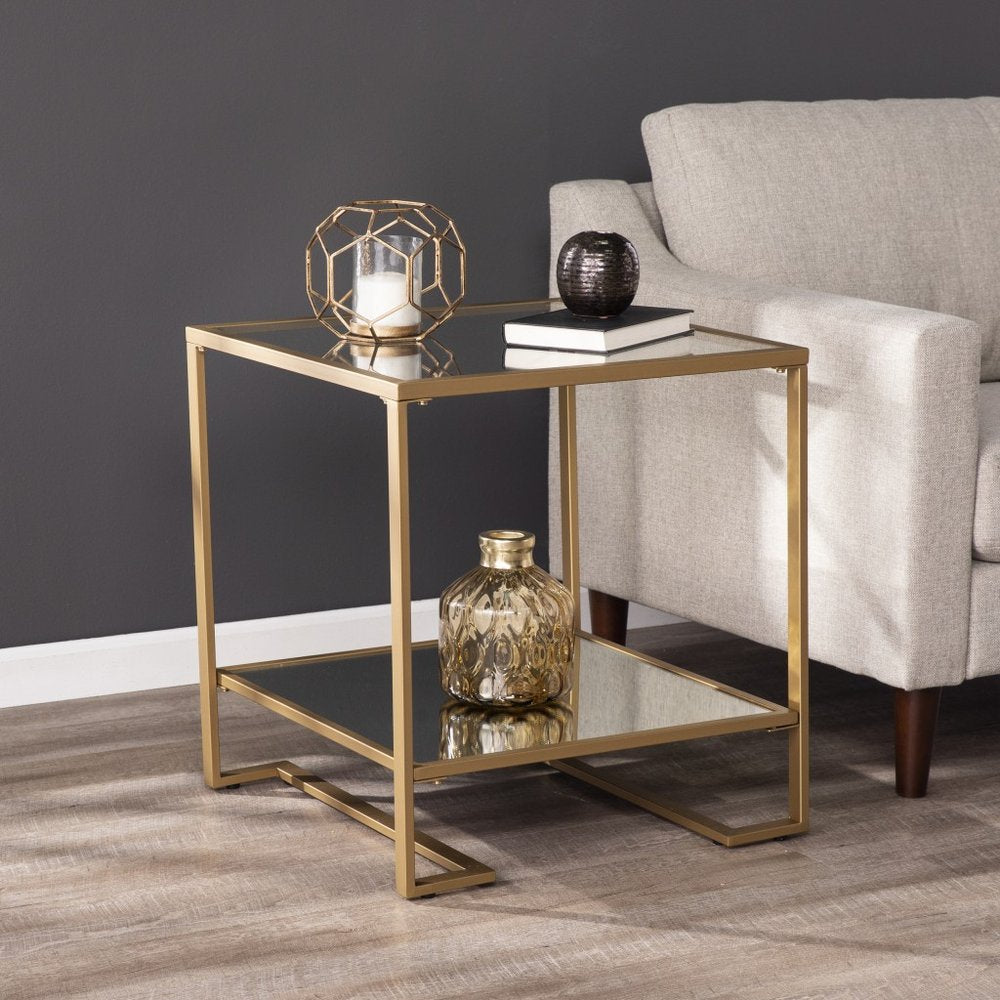 24" Gold Glass And Iron Square Mirrored End Table With Shelf