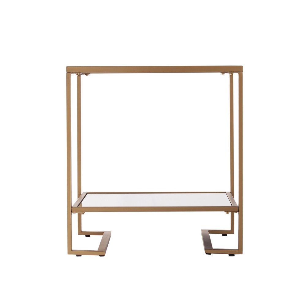 24" Gold Glass And Iron Square Mirrored End Table With Shelf