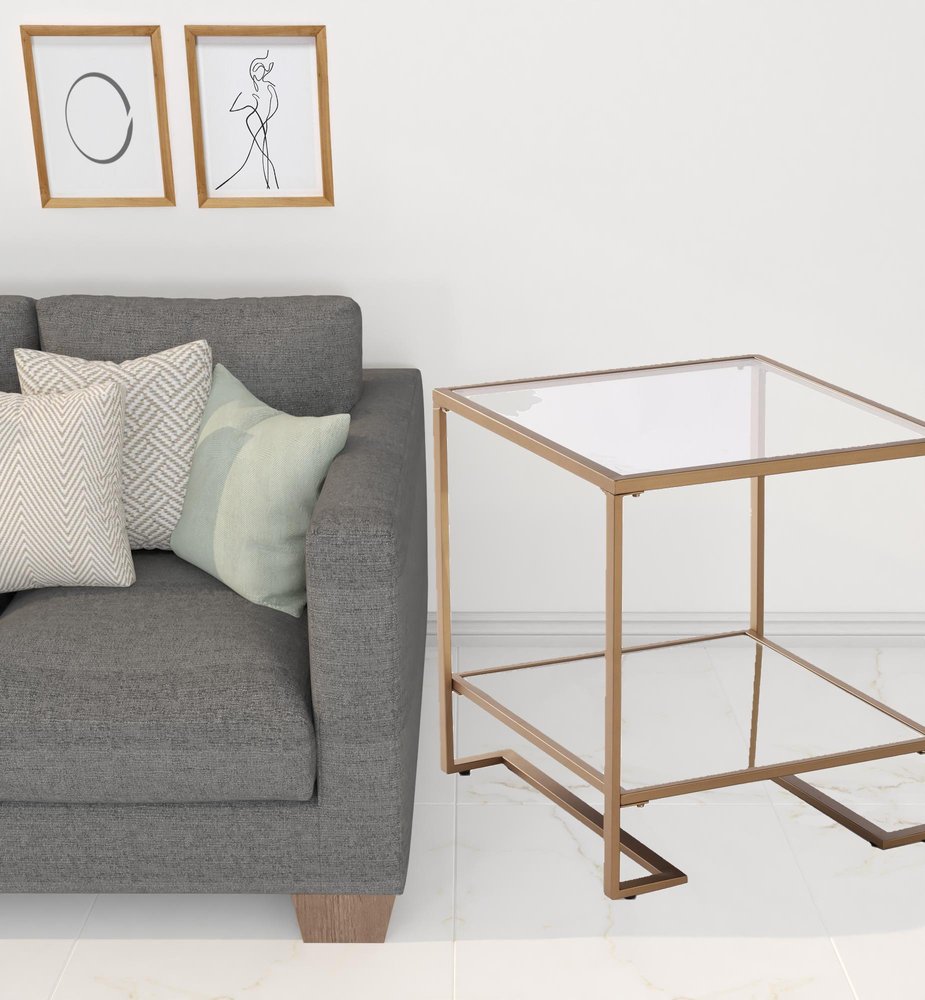 24" Gold Glass And Iron Square Mirrored End Table With Shelf