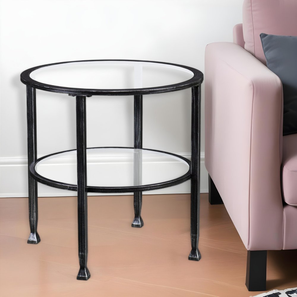 24" Black Glass And Iron Round End Table