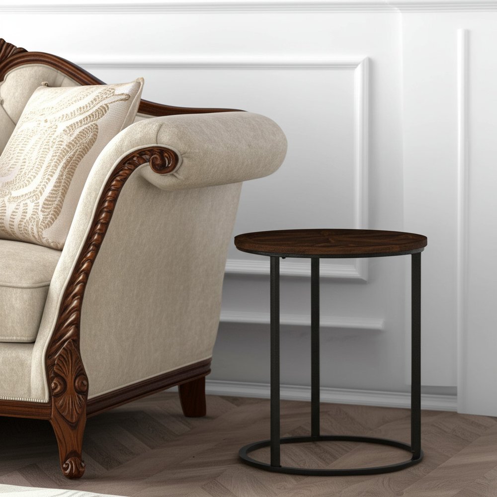 24" Natural Wood Solid Wood And Iron Round End Table