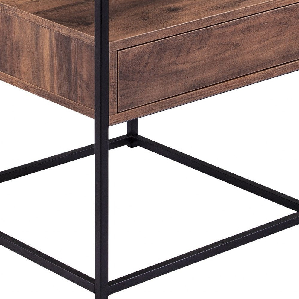 22" Black Glass And Iron Square End Table With Drawer With Shelf