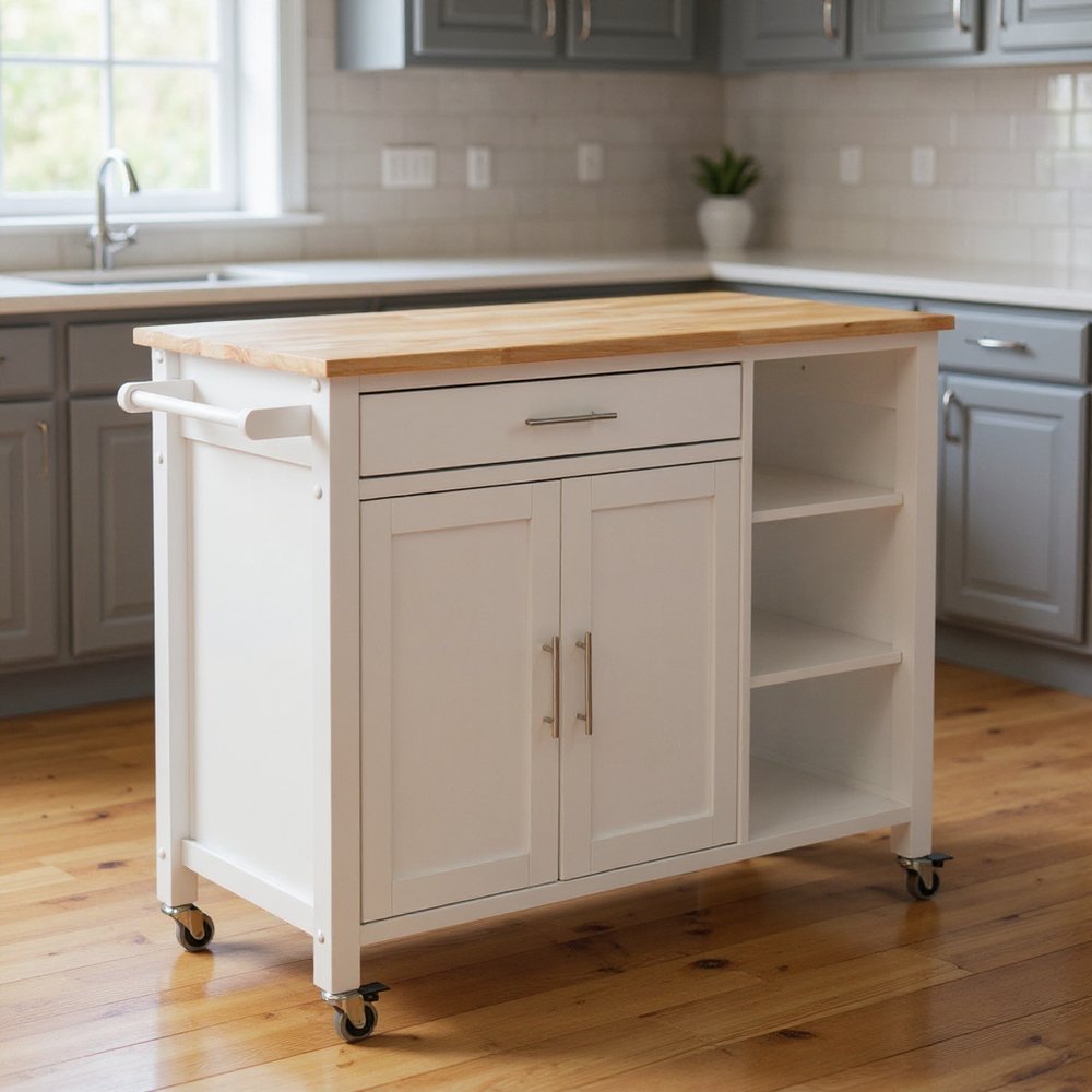 42" Natural and White Butcher Block and Iron Rolling Kitchen Cart With Storage