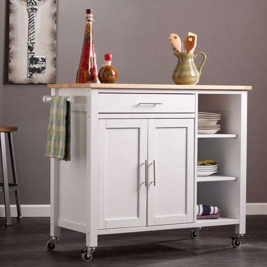 42" Natural and White Butcher Block and Iron Rolling Kitchen Cart With Storage