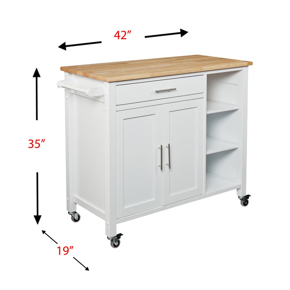 42" Natural and White Butcher Block and Iron Rolling Kitchen Cart With Storage