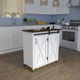 35" Dark Brown and White Wood Rolling Kitchen Cart