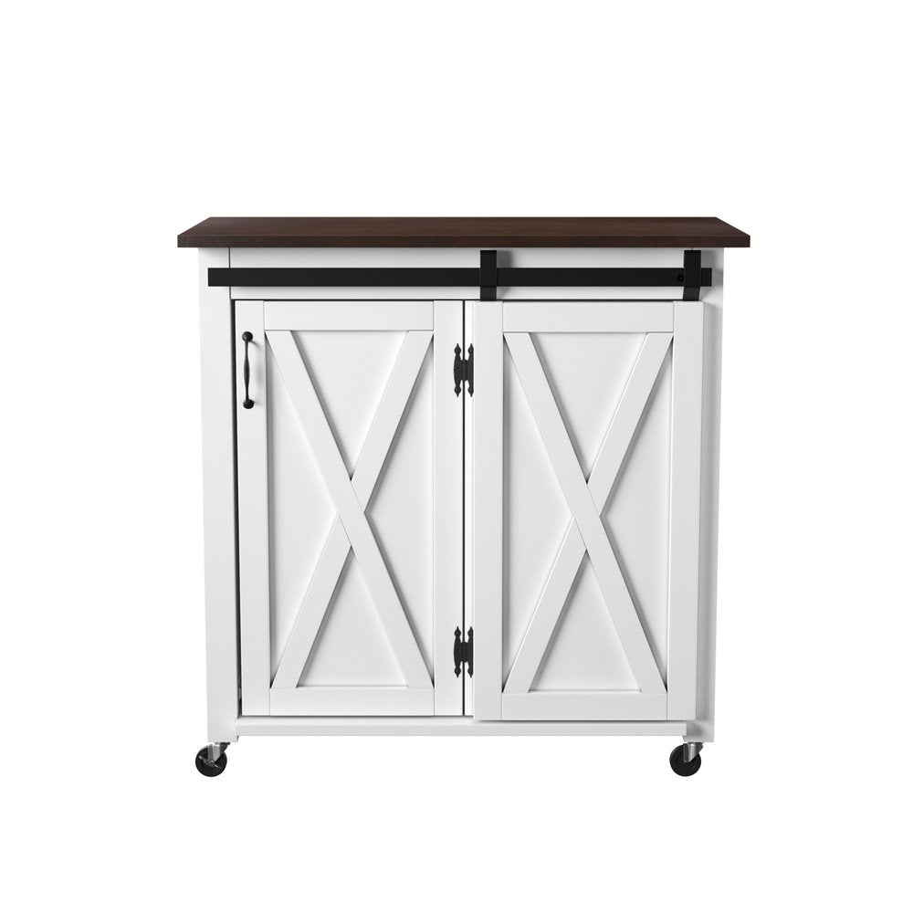 35" Dark Brown and White Wood Rolling Kitchen Cart