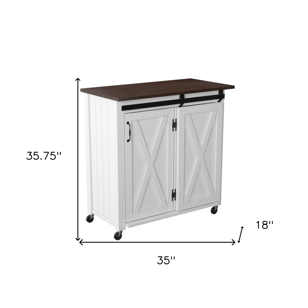 35" Dark Brown and White Wood Rolling Kitchen Cart