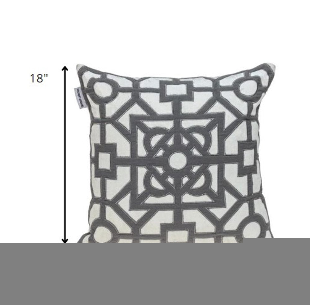 18" Gray And White Abstract Geometric Velvet Throw Pillow