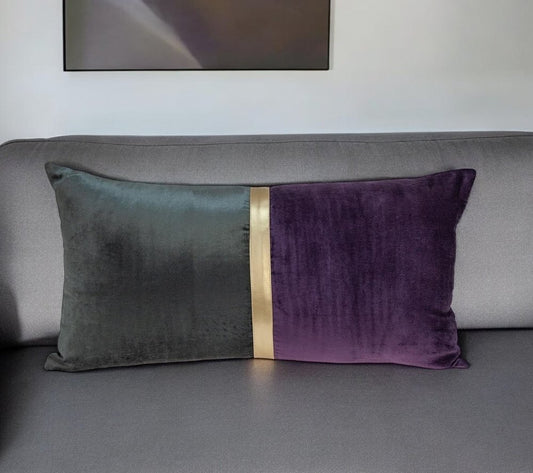 12" X 24" Dark Gray And Purple Color Block Velvet Lumbar Throw Pillow