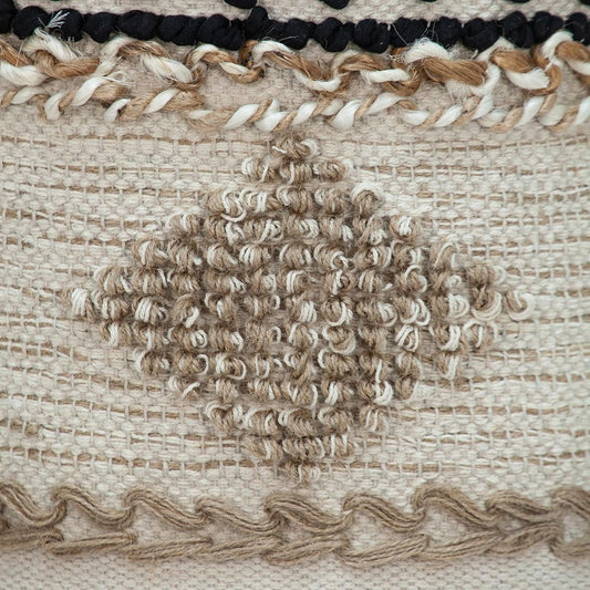18" Beige and Brown Cotton Abstract Round Footstool