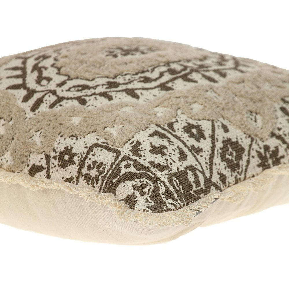 18" Beige And Brown Geometric Cotton Blend Throw Pillow with Fringes And Texture