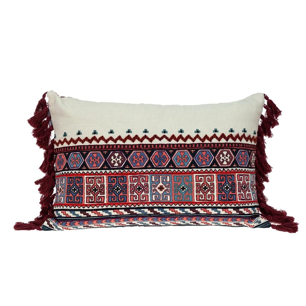 14" X 20" Blue Burgundy And Cream Abstract Cotton Blend Throw Pillow with Tassels