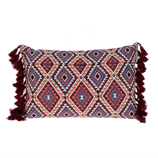 14" X 20" Blue Burgundy And Cream Abstract Cotton Blend Throw Pillow with Tassels