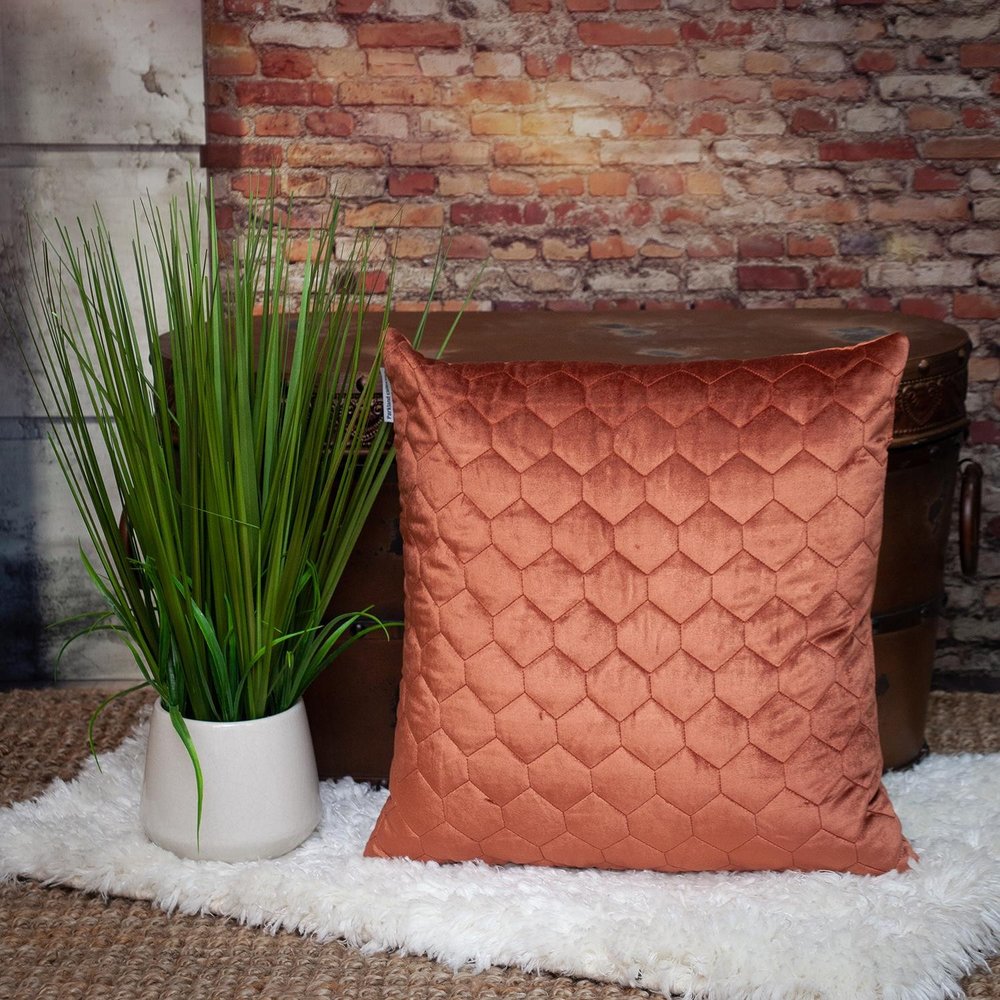 20" Burnt Orange Quilted Honeycomb Velvet Throw Pillow