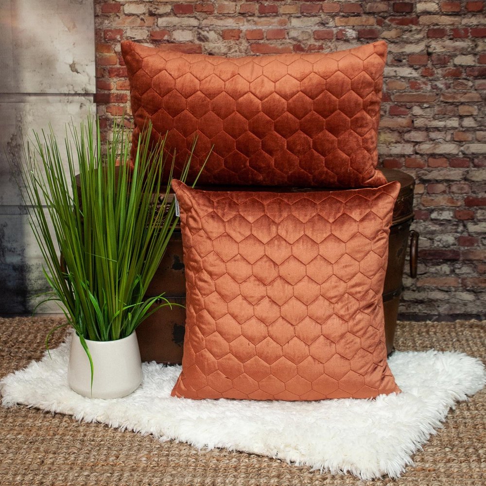 20" Burnt Orange Quilted Honeycomb Velvet Throw Pillow
