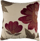 18" Beige and Red Floral Throw Pillow With Embroidery