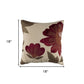 18" Beige and Red Floral Throw Pillow With Embroidery