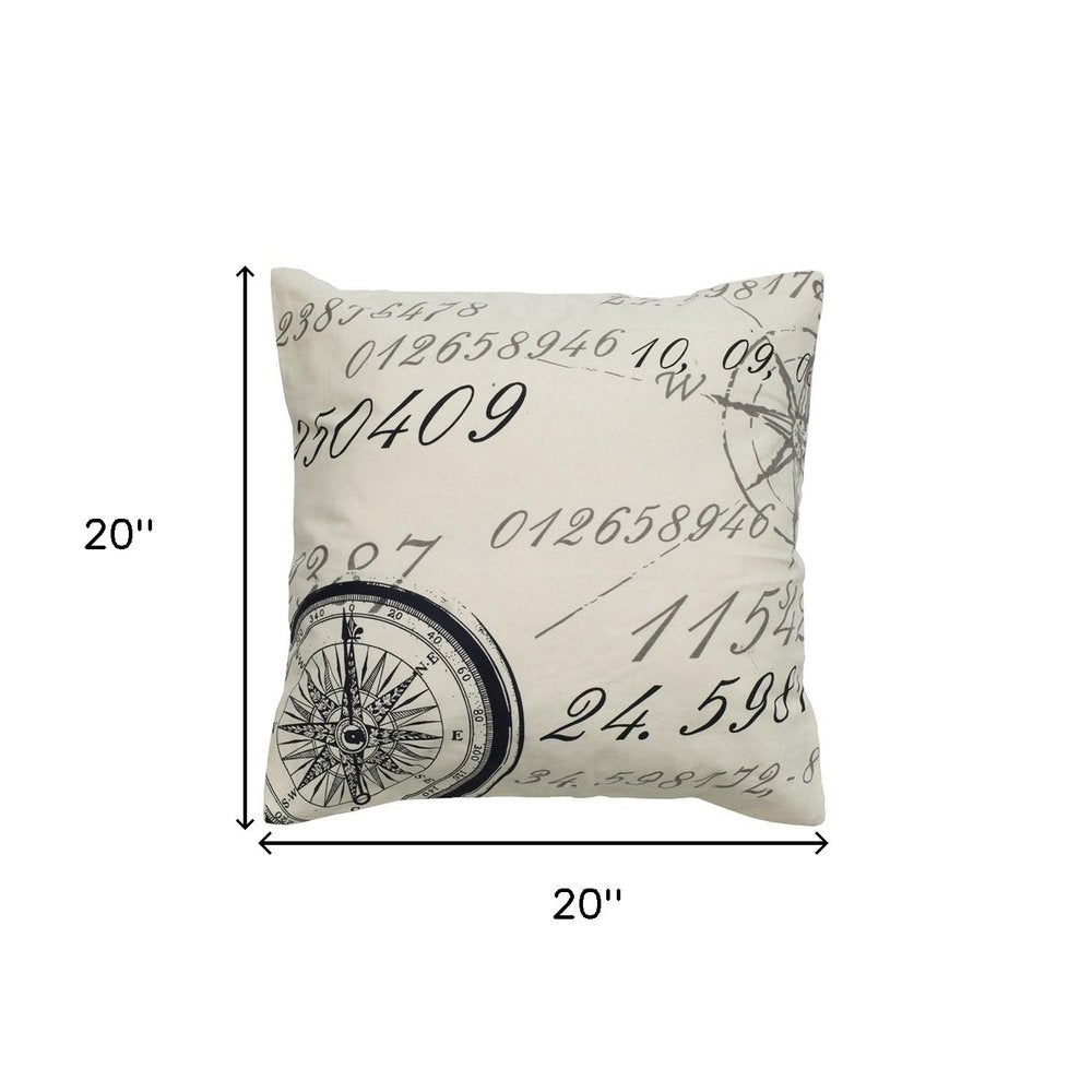 20" Black And Natural Nautical Compass Cotton Throw Pillow