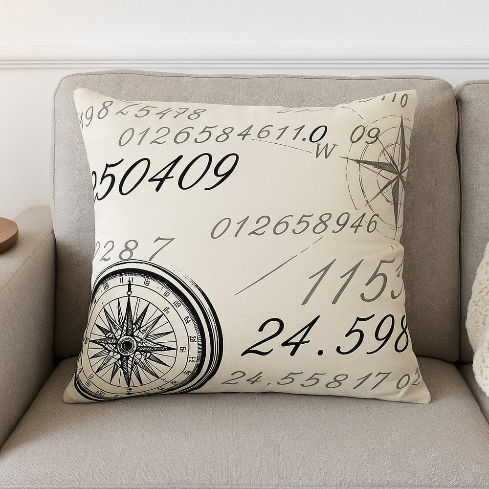 20" Black And Natural Nautical Compass Cotton Throw Pillow