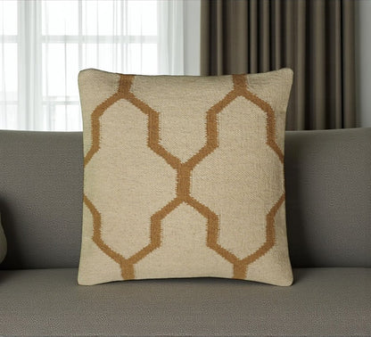 18" Natural And Gold Quatrefoil Cotton Throw Pillow