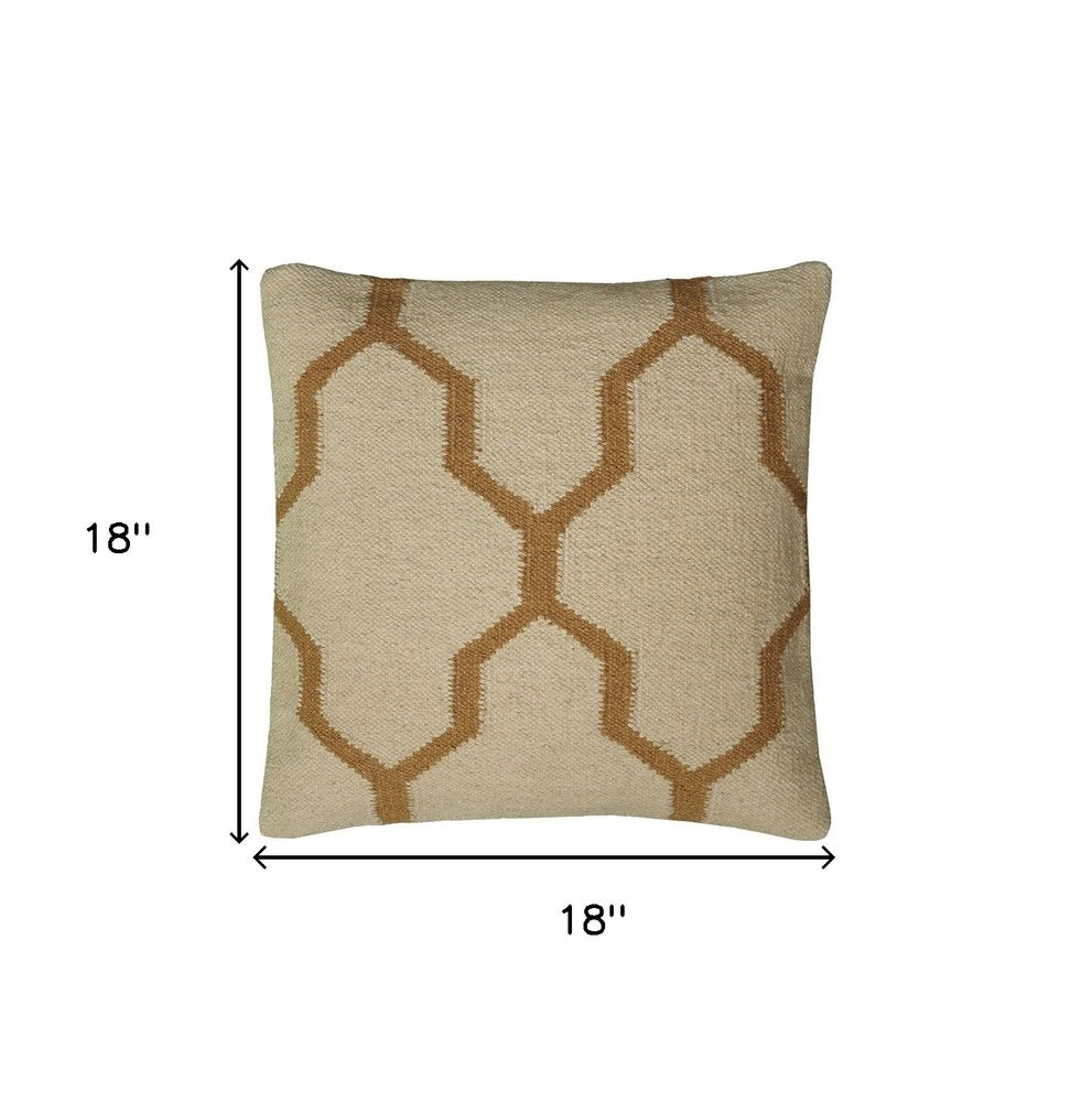 18" Natural And Gold Quatrefoil Cotton Throw Pillow