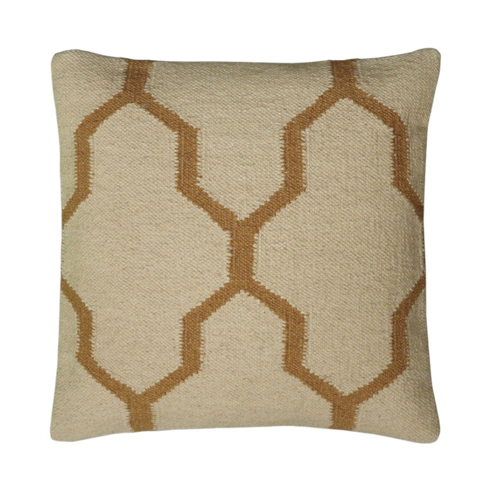 18" Natural And Gold Quatrefoil Cotton Throw Pillow
