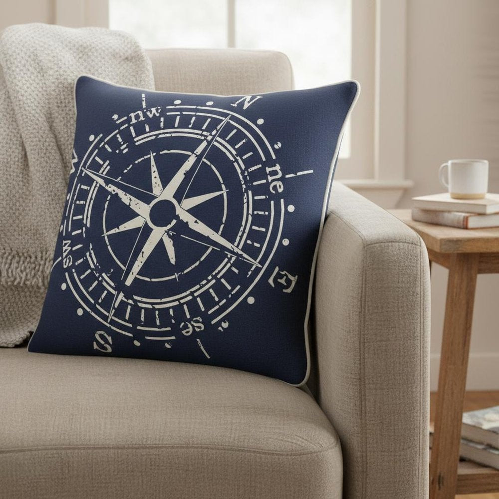 18" Navy and White Nautical Compass Throw Pillow