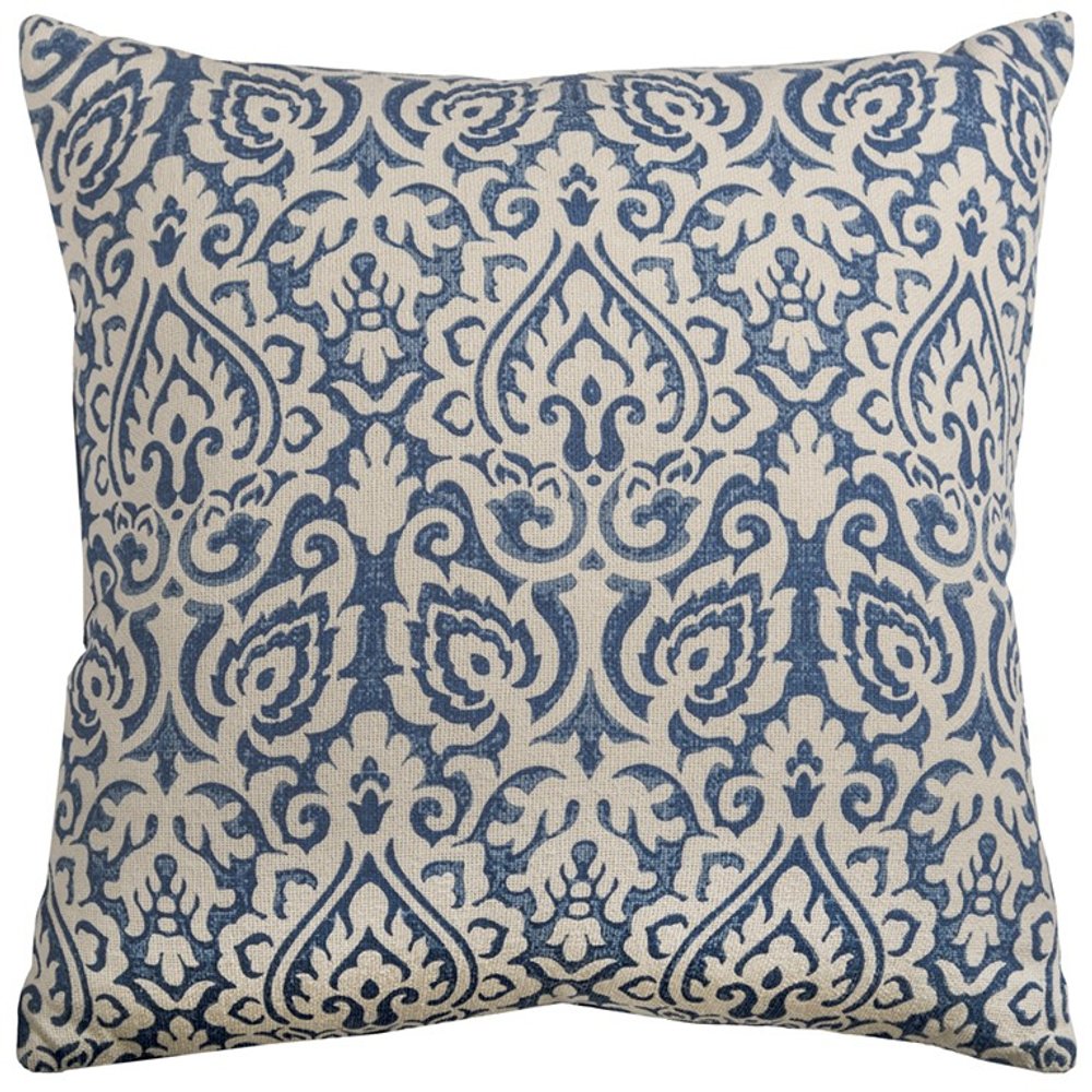 22" Blue And Natural Damask Cotton Throw Pillow