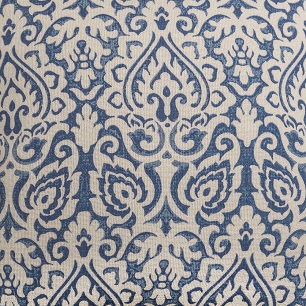 22" Blue And Natural Damask Cotton Throw Pillow