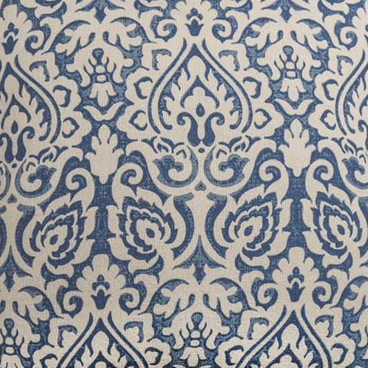 22" Blue And Natural Damask Cotton Throw Pillow