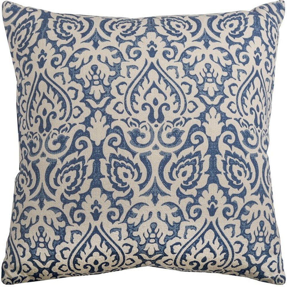 22" Blue And Natural Damask Cotton Throw Pillow