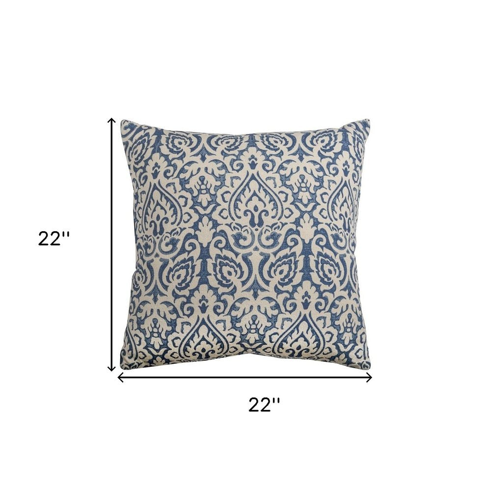 22" Blue And Natural Damask Cotton Throw Pillow