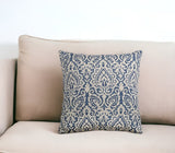 22" Blue And Natural Damask Cotton Throw Pillow