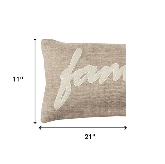21" X 11" Tan Cotton Blend Zippered Pillow With Applique