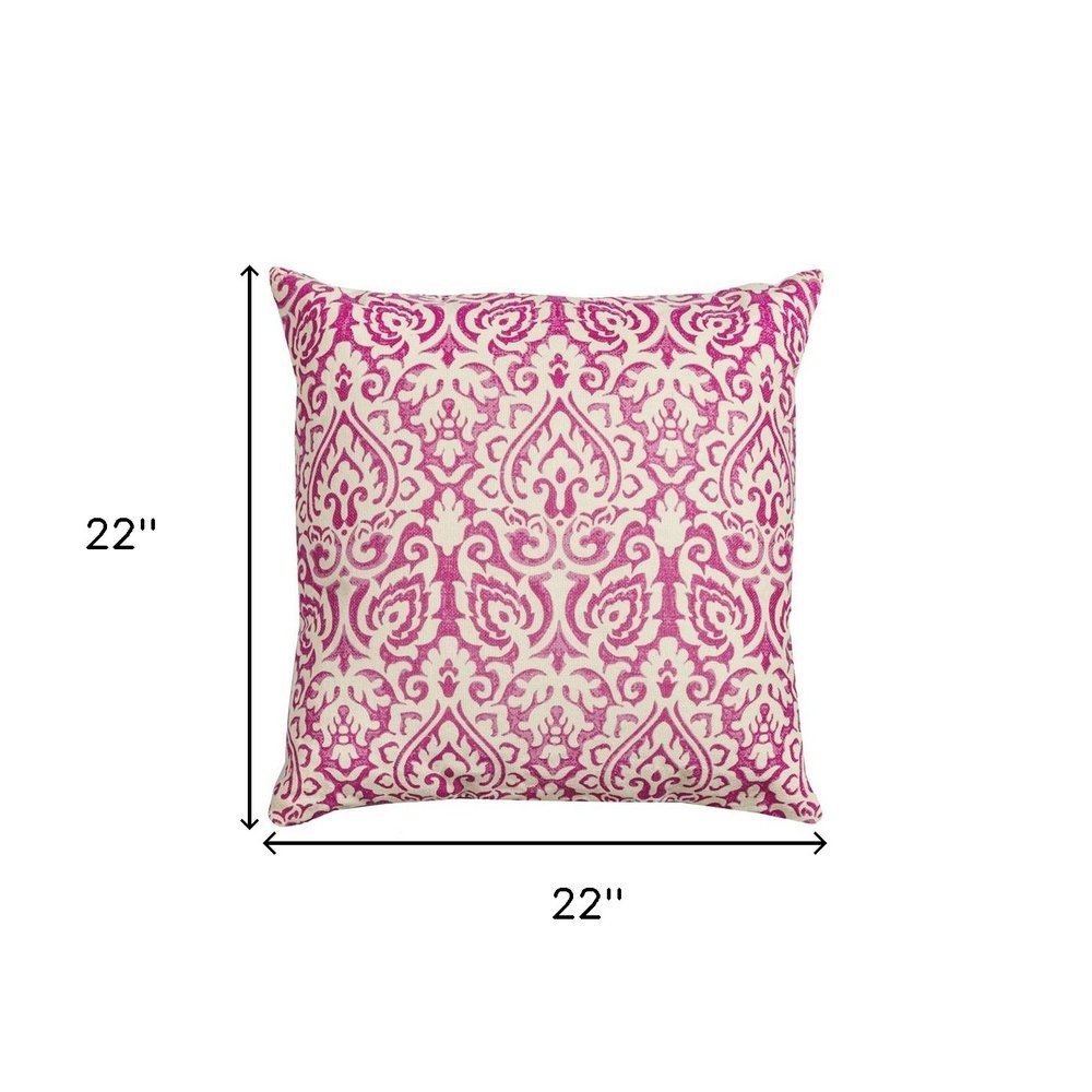 22" Blue And Natural Damask Cotton Throw Pillow