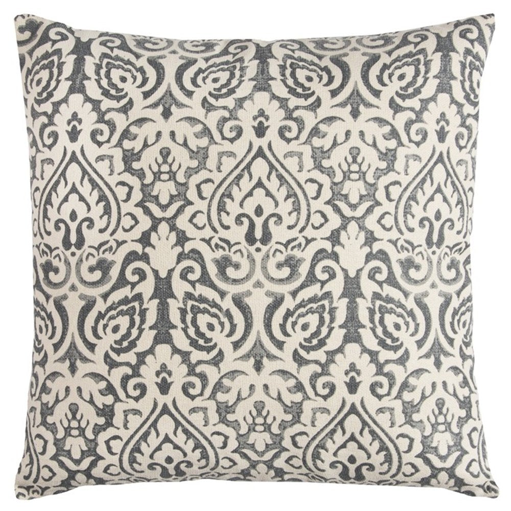 22" Blue And Natural Damask Cotton Throw Pillow