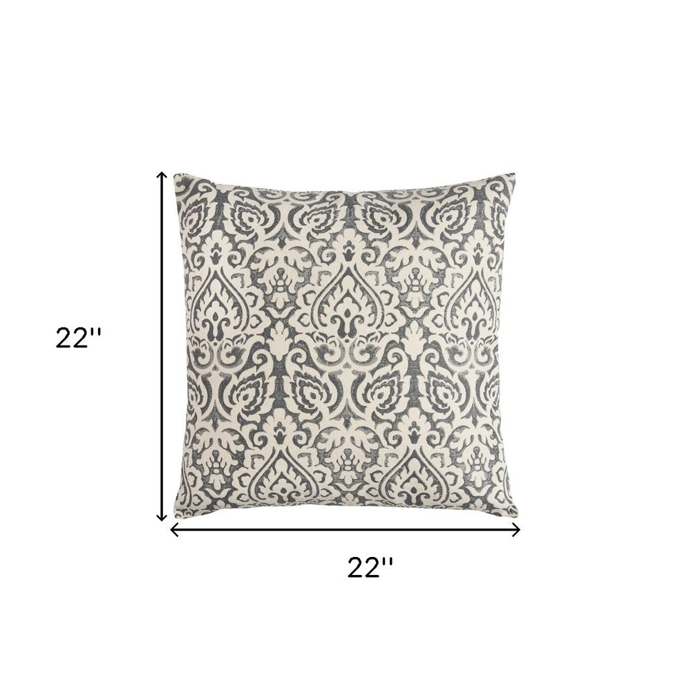 22" Blue And Natural Damask Cotton Throw Pillow