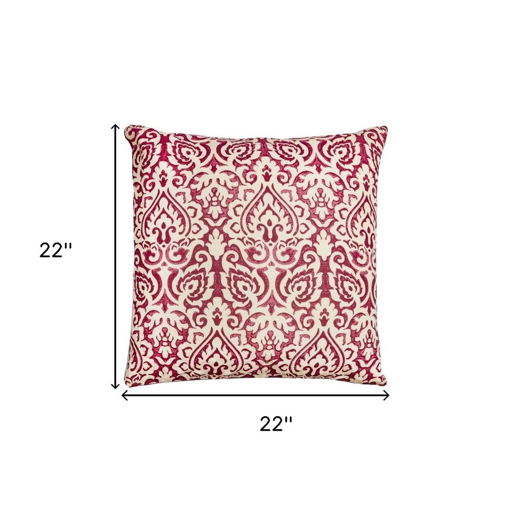 22" Blue And Natural Damask Cotton Throw Pillow