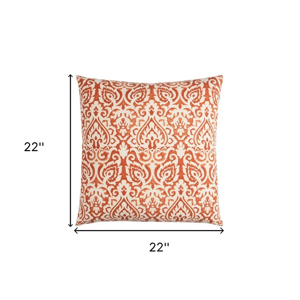 22" Blue And Natural Damask Cotton Throw Pillow