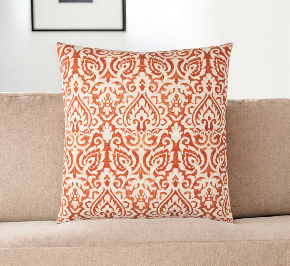 22" Blue And Natural Damask Cotton Throw Pillow