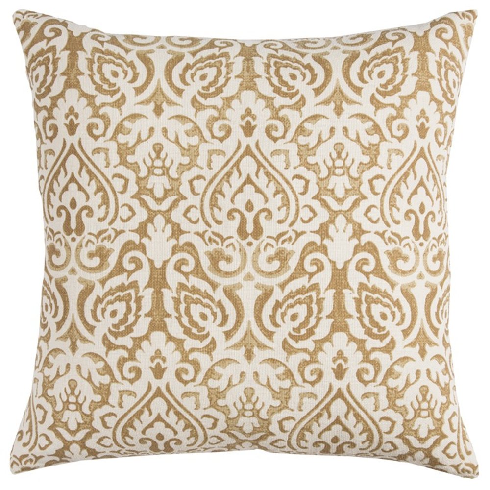 22" Blue And Natural Damask Cotton Throw Pillow