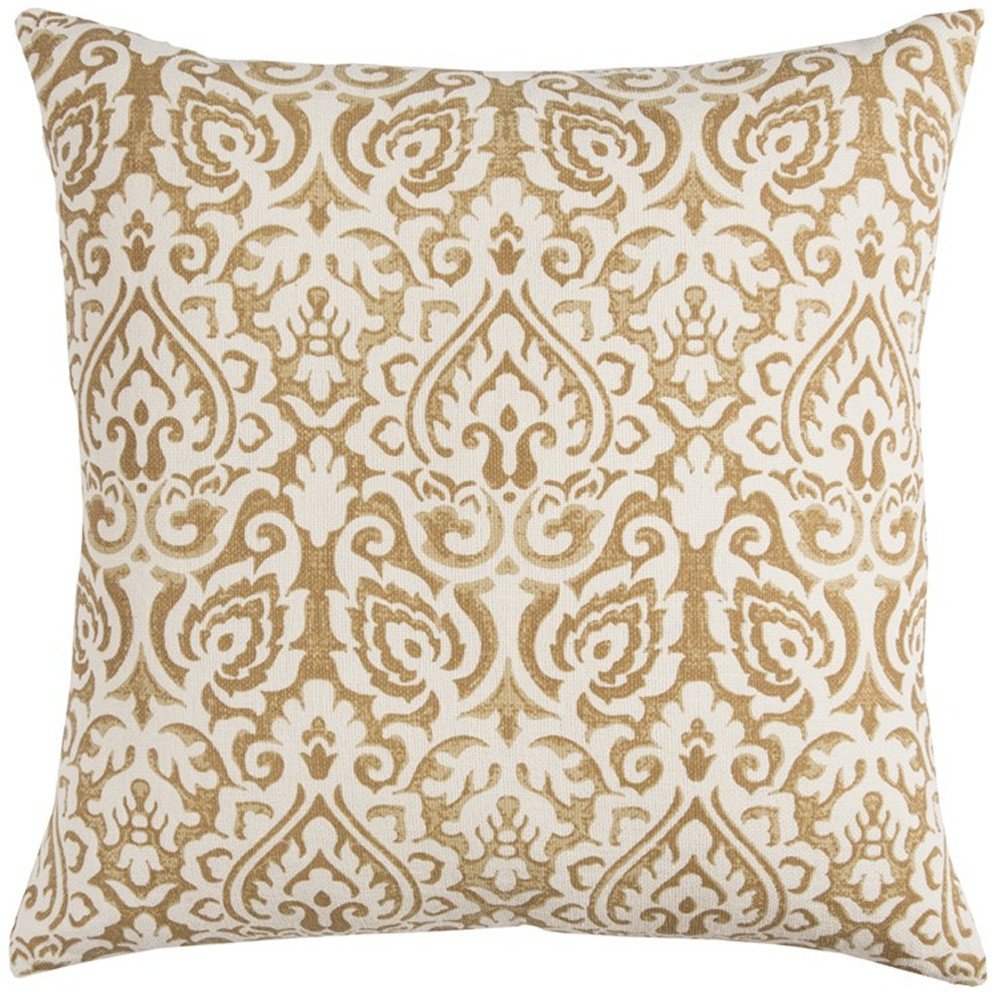 22" Blue And Natural Damask Cotton Throw Pillow