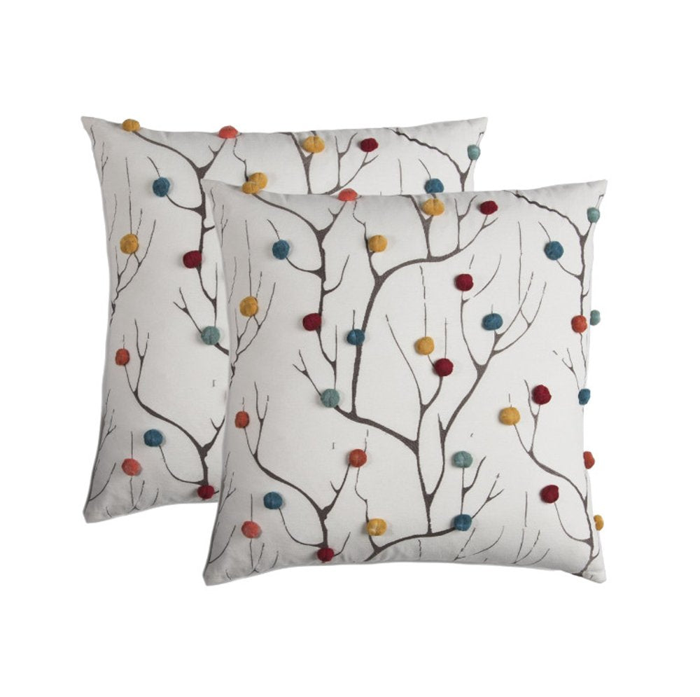 20" White And Black Coral Indoor Outdoor Throw Pillow With Pompoms