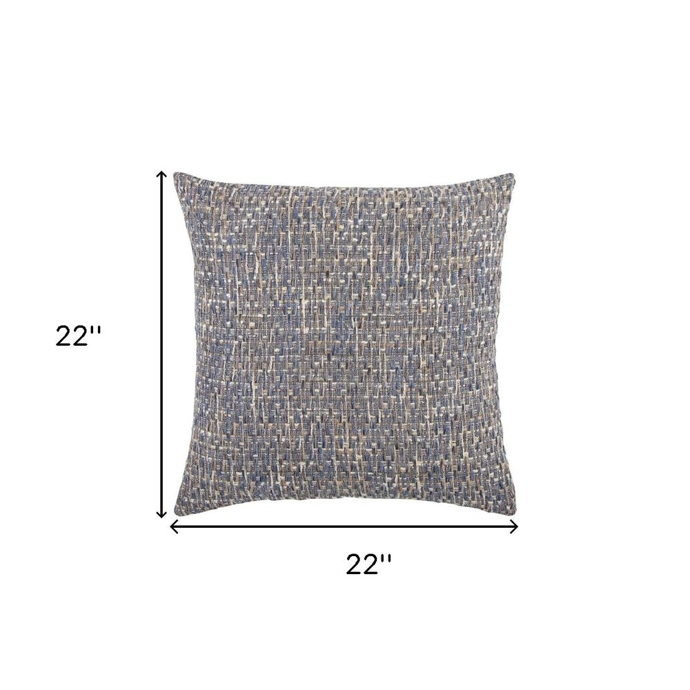 22" Blue And Gray Geometric Weave Nubby Cotton Throw Pillow with Texture