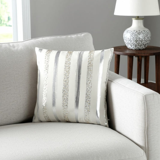 Silver and Gold Glam Stripe Beaded Throw Pillow