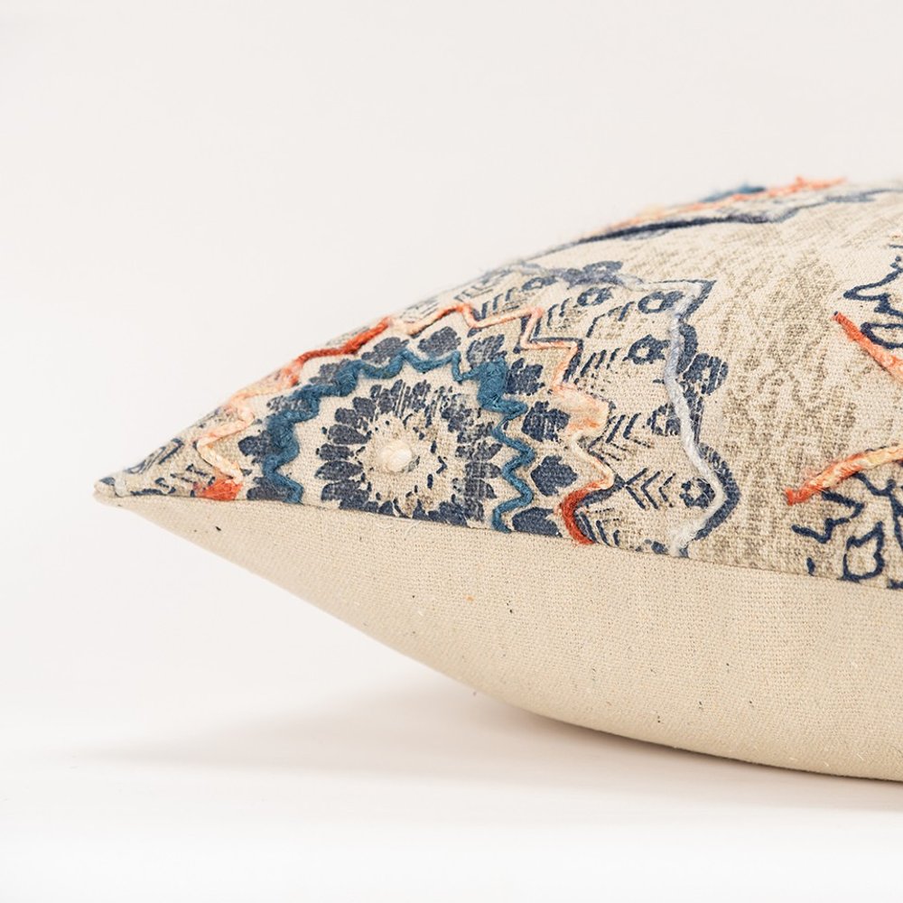 Beige Blue Distressed Floral Pattern Throw Pillow