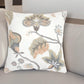 20" White and Tan Jacobean Floral Cotton Throw Pillow With Applique and Embroidery